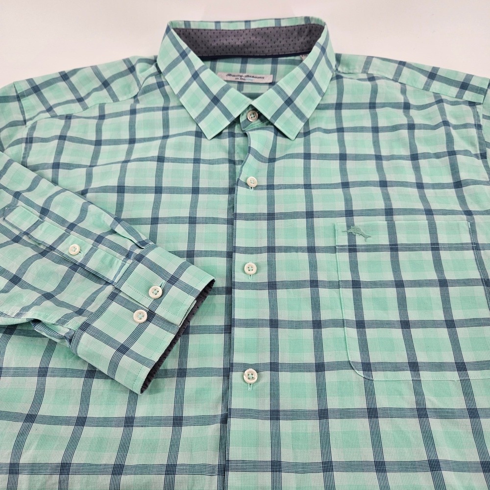 Tommy Bahama Men XXL IslandZone Pima Cotton Blend Mint Green Plaid Shirt XXL